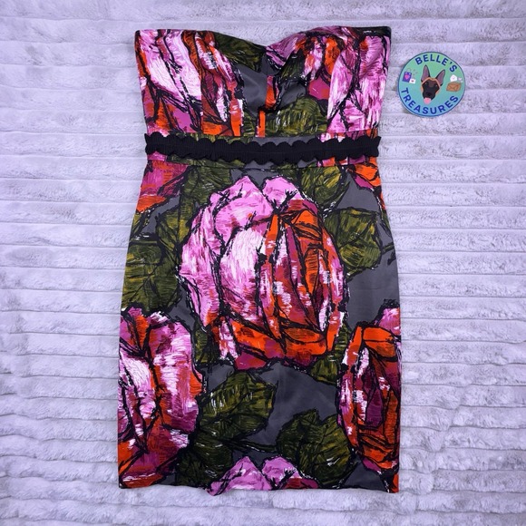 Trina Turk Dress Size 6 Silk Strapless Floral Y2K Dark Romantic‎ Coquette Sexy - Picture 1 of 10